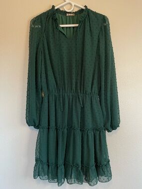 BTFBM Green Long sleeve Tie V-neck A-line Swing Mini Dress Medium